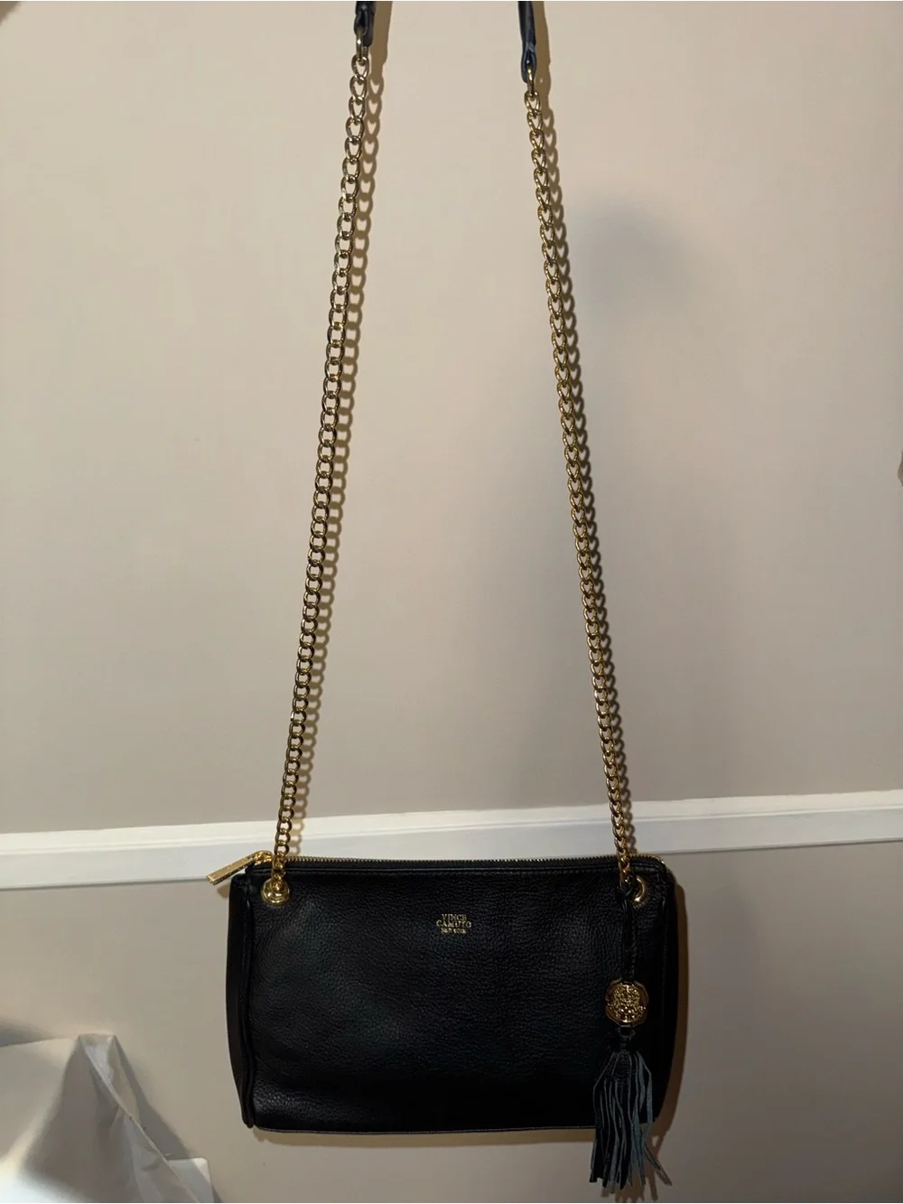 Vince Camuto Black Pebbled Leather Shoulder Bag with Gold Chain